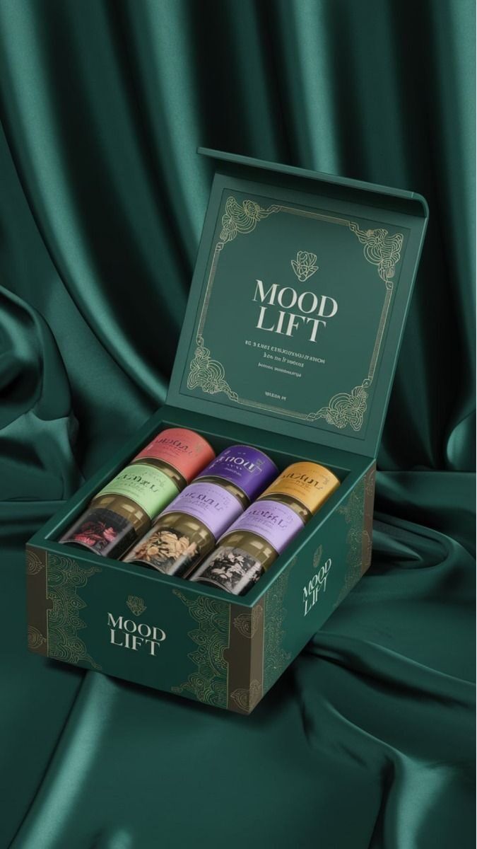 Paket aromaterapi Mood Lift dalam kotak hijau elegan dengan empat botol parfum berwarna-warni.