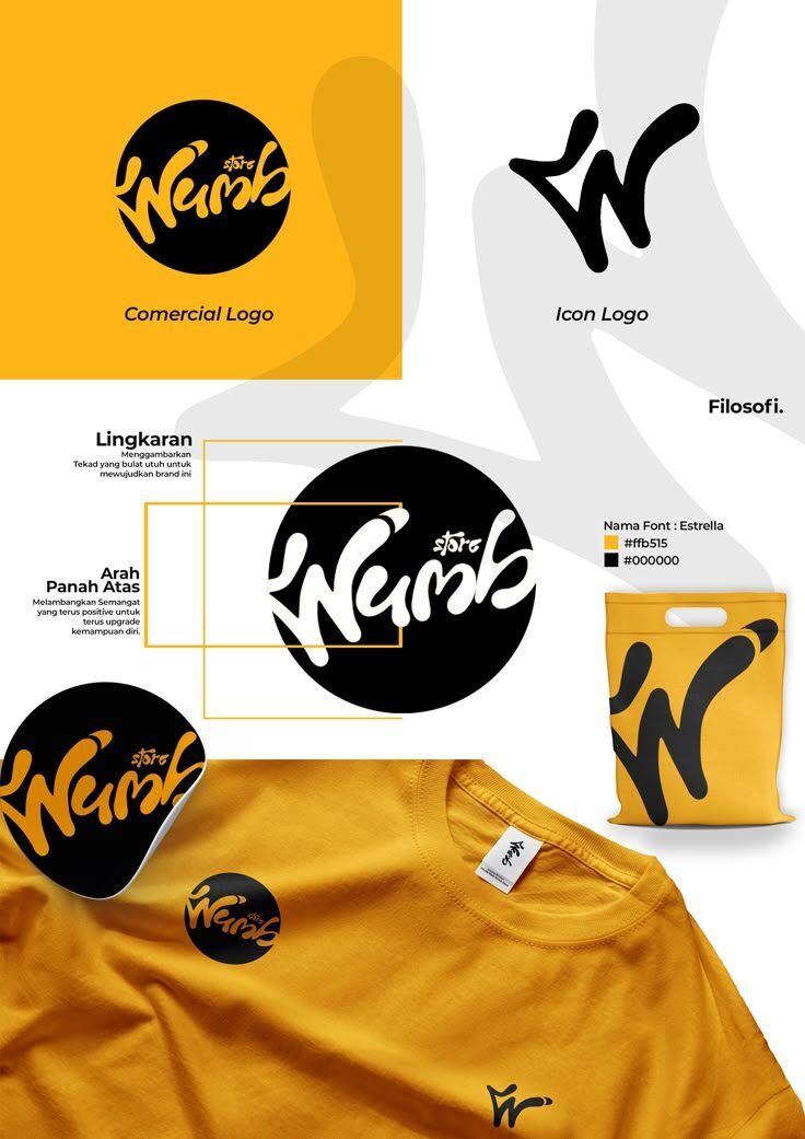 Desain logo dan aplikasi Wumb Store, mencakup komersial, ikon, dan filosofi.