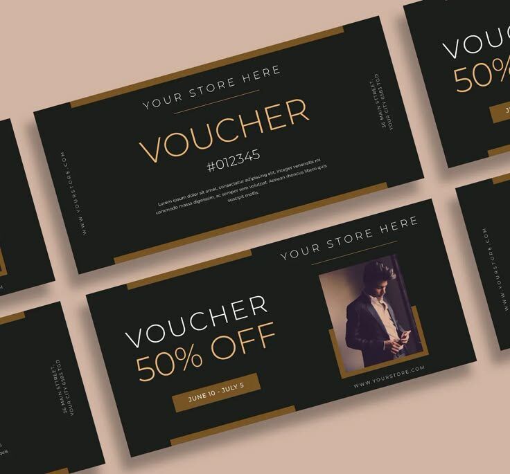 Desain voucher diskon 50% dengan latar hitam dan emas, menarik untuk promosi.