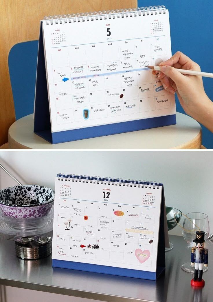 Kalender meja dengan fitur interaktif dan pen untuk menandai tanggal