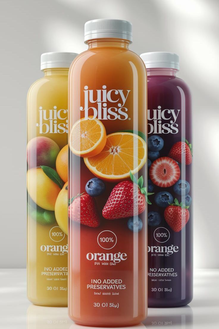 Tiga botol minuman jus buah Juicy Bliss berwarna cerah dengan potongan buah segar pada label.