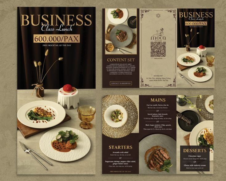 Desain menu makan siang kelas bisnis dengan berbagai hidangan elegan.