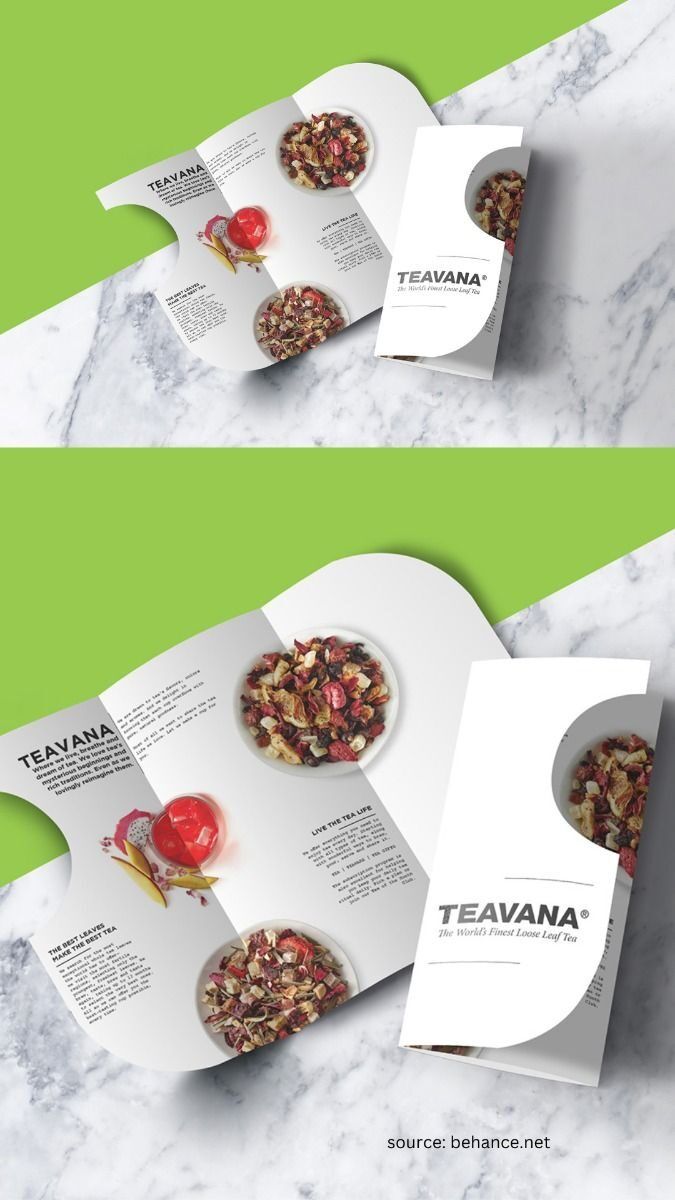 Desain brosur untuk teh daun bebas Teavana dengan foto buah kering dan gelas teh.