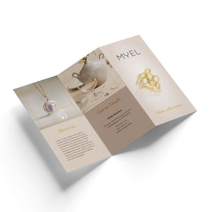 Brochure Myel dengan desain elegan dan koleksi perhiasan baru.