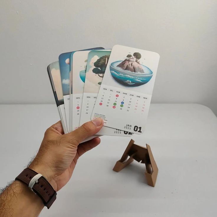 Tangan memegang kalender dengan desain unik di depan stand.