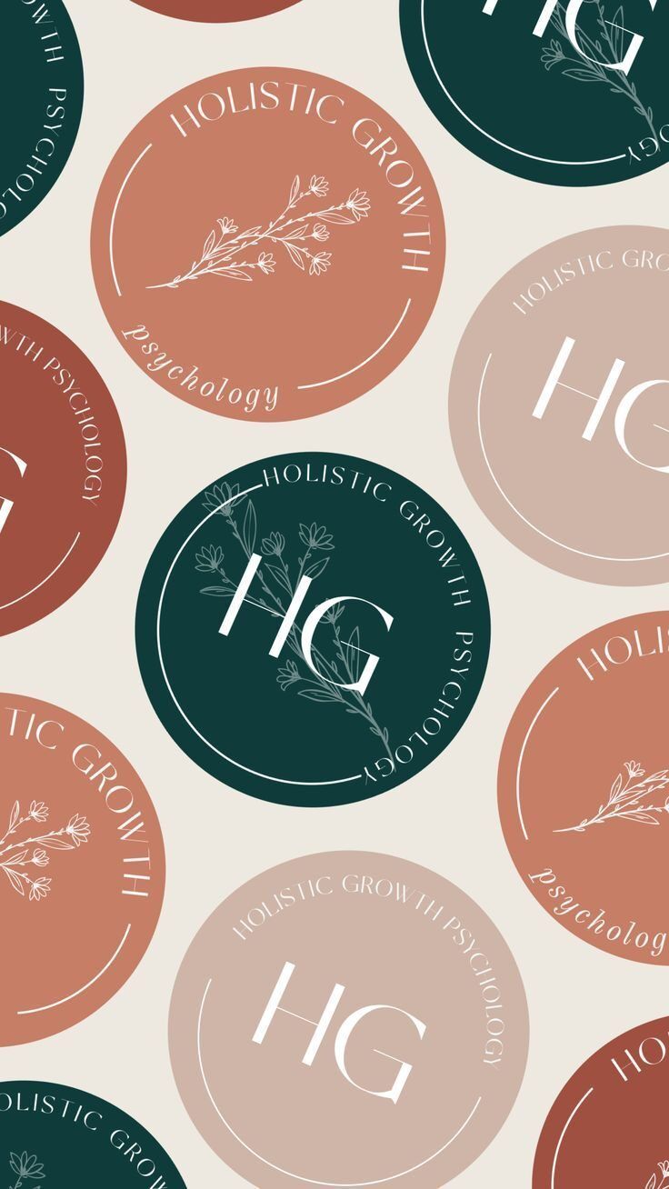 Repetitive pattern of circular logos with 'HG' and 'Holistic Growth Psychology' text on a beige background.