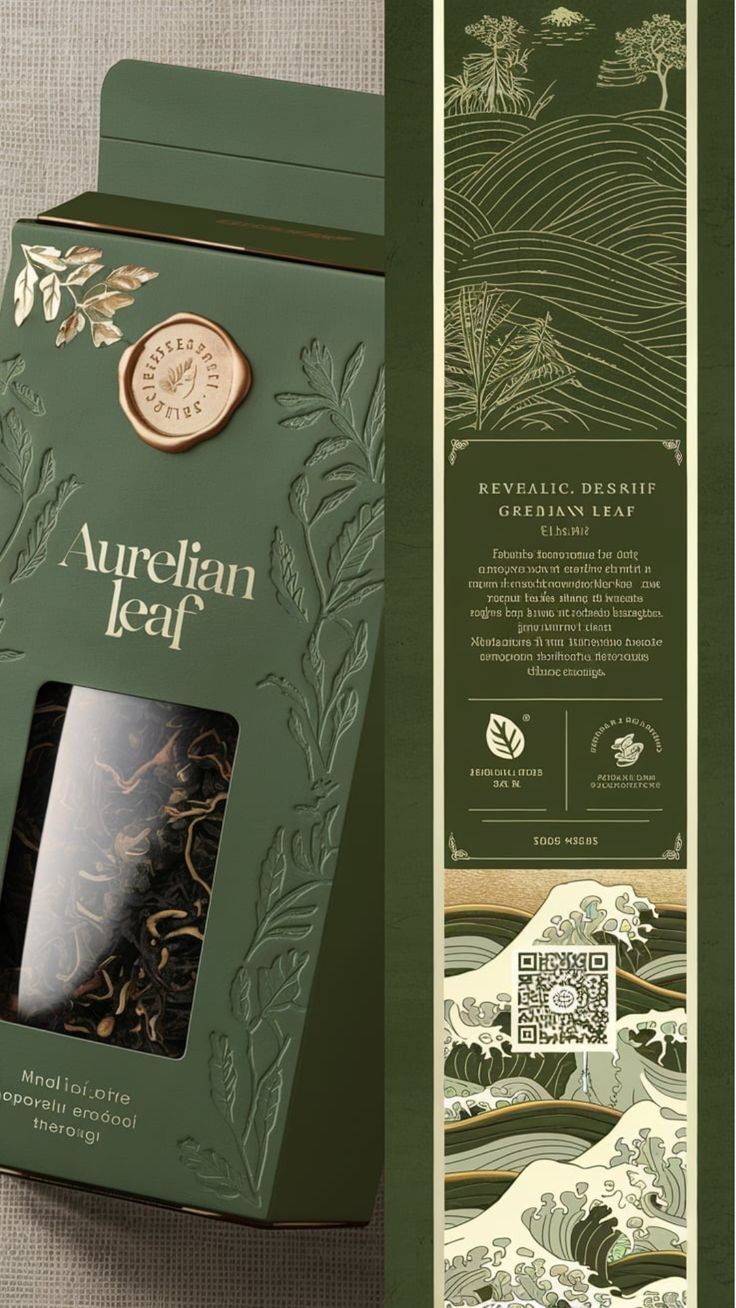 Paket teh premium Aurelian Leaf dengan desain elegan dan detail.