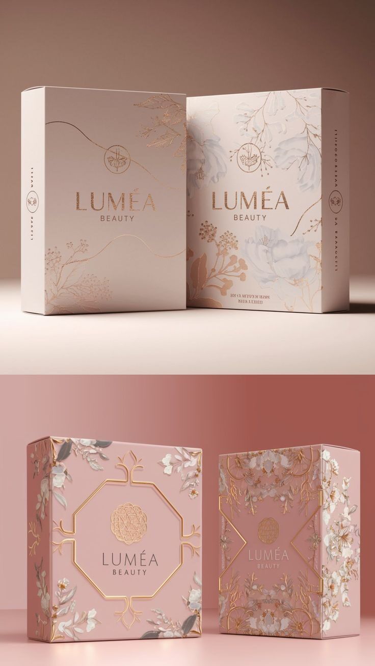 Desain elegan kemasan produk kosmetik Luméa Beauty dengan motif bunga dan hiasan emas.