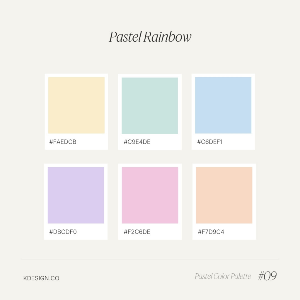 Gambar palet warna pastel dalam format RGB dan HEX, dengan nuansa rainbow.