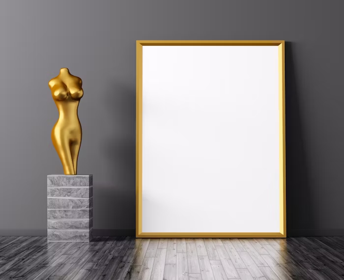 Uprint.id - Mockup Frame Emas dengan Patung Emas