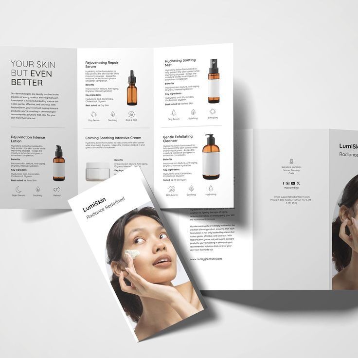 Desain brosur produk perawatan kulit dari Uprint.id dengan berbagai jenis serum dan cream.