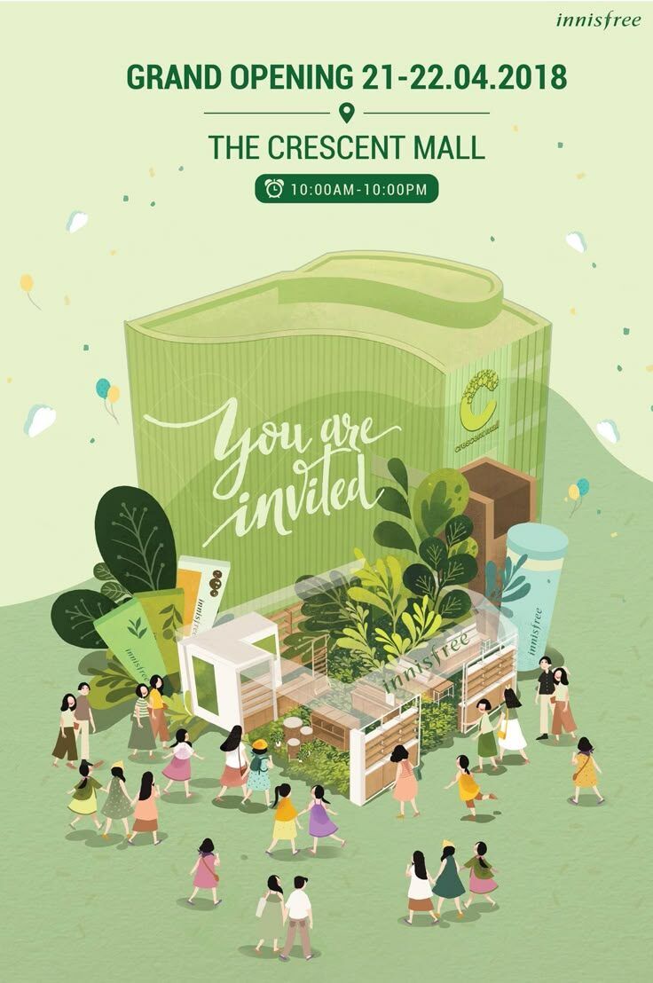 Iklan peresmian toko Innisfree di mall dengan gambar bangunan dan pengunjung