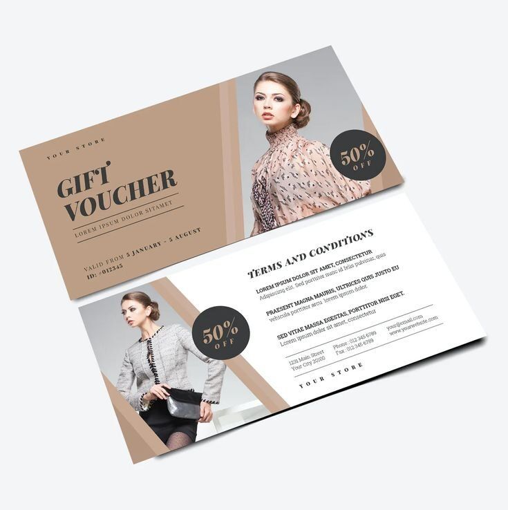 Desain voucher hadiah dengan model fashion dan diskon 50%.