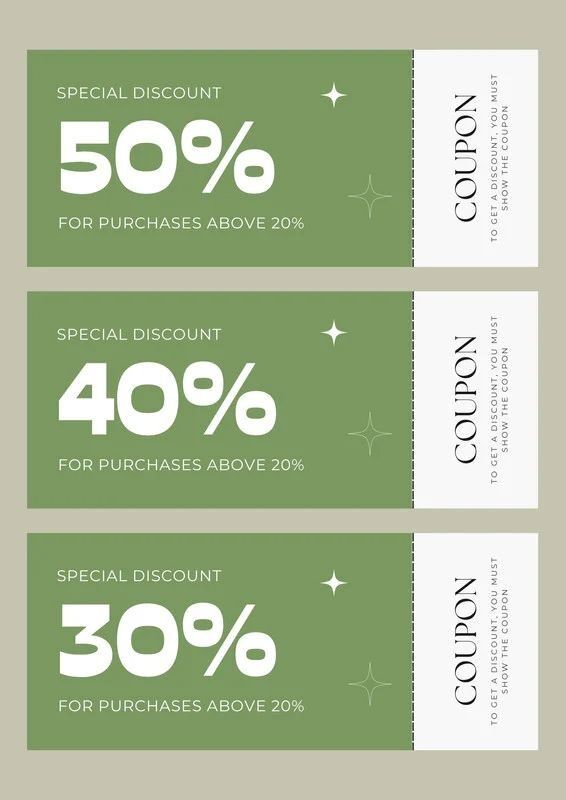 Tiga voucher diskon 50%, 40%, dan 30% untuk pembelian di atas 20%