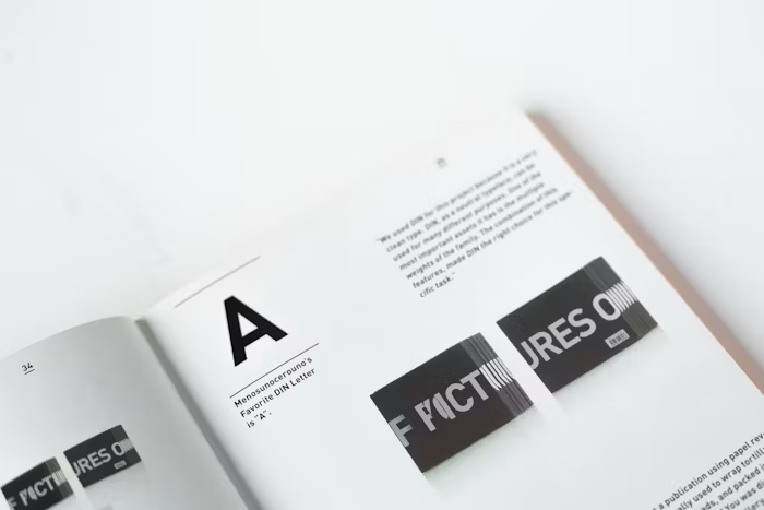 Buku desain grafis terbuka menunjukkan huruf besar 'A' dan elemen visual lainnya.