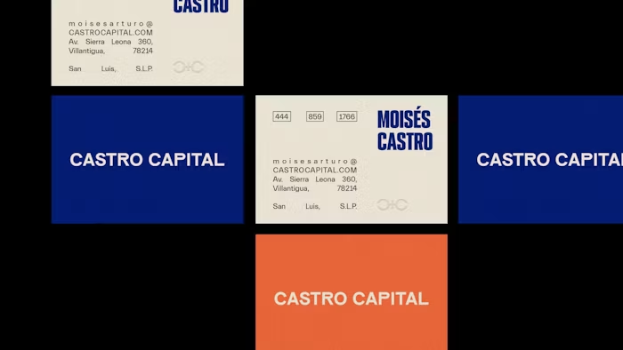 Kartu nama profesional dengan logo dan informasi kontak Castro Capital.