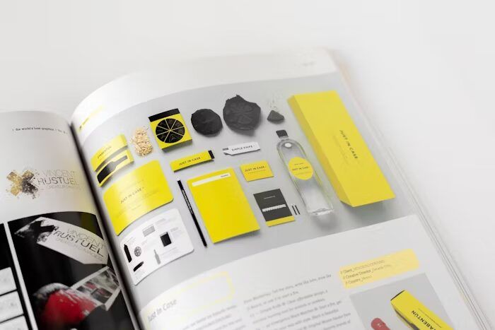 Halaman desain branding dengan elemen-elemen identitas perusahaan dalam warna kuning.