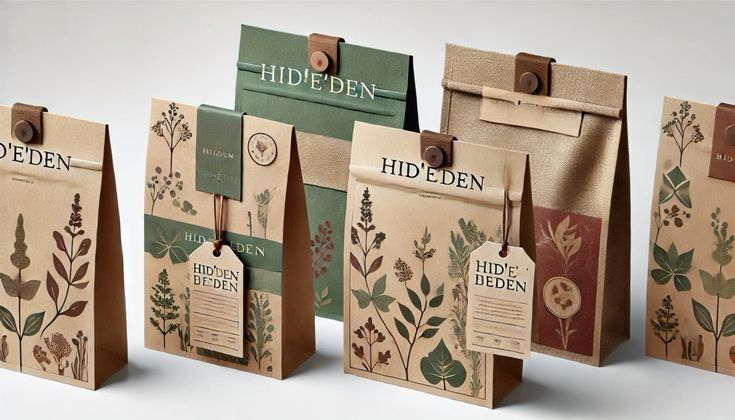 Kemasan percetakan online 'Hid'eden' dengan desain alami dan elegan.