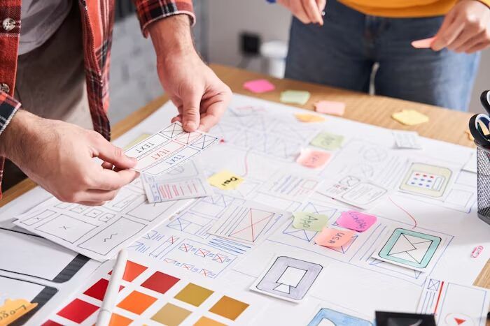 Tiga orang sedang merencanakan desain UI/UX untuk aplikasi.