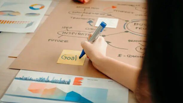 Tangan menulis 'Goal' di lembar kertas dengan diagram dan teks di sekitarnya.