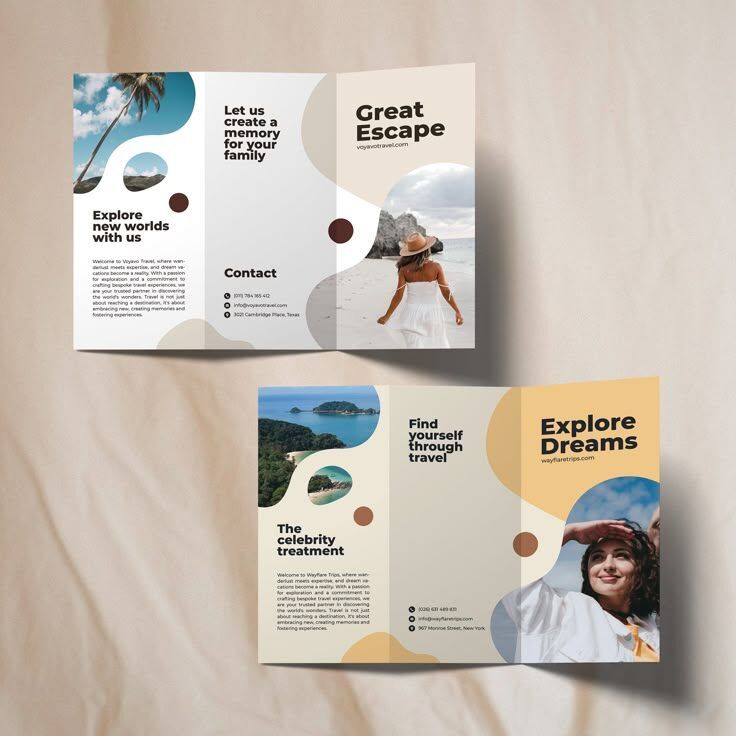 Brosur perjalanan dengan tema escape dan explore, desain estetis.