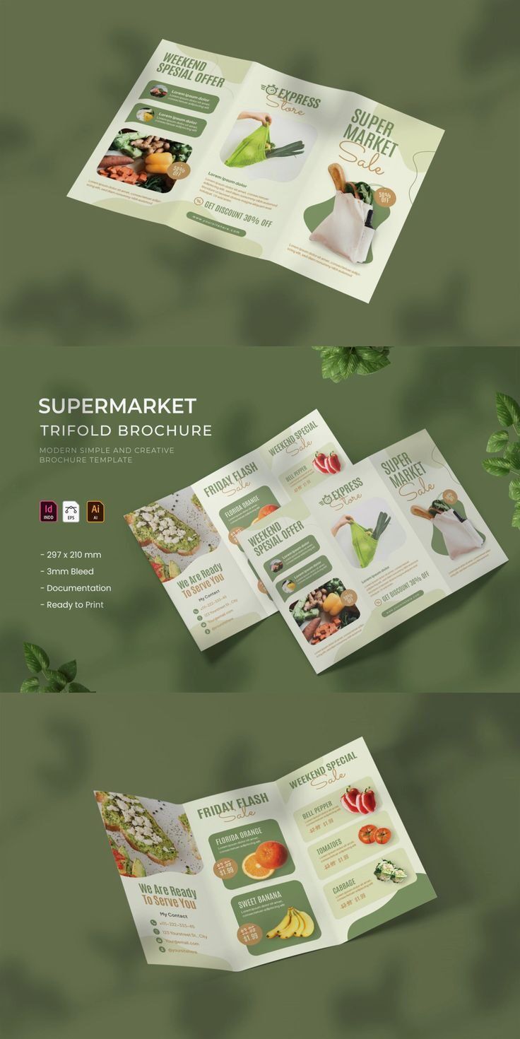 Desain brosur trifold supermarket modern dan menarik untuk promosi produk makanan segar.