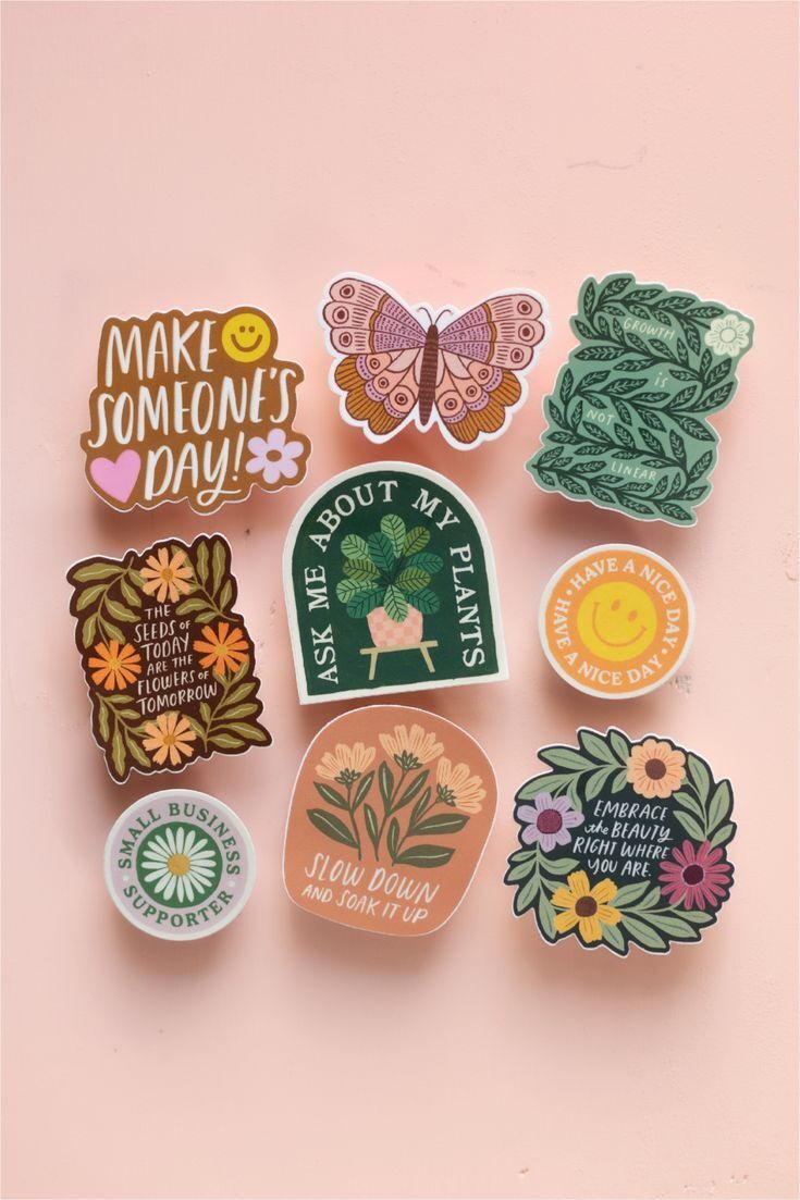 Berbagai stiker dengan pesan positif dan desain estetis, ideal untuk dekorasi atau penghiasan.