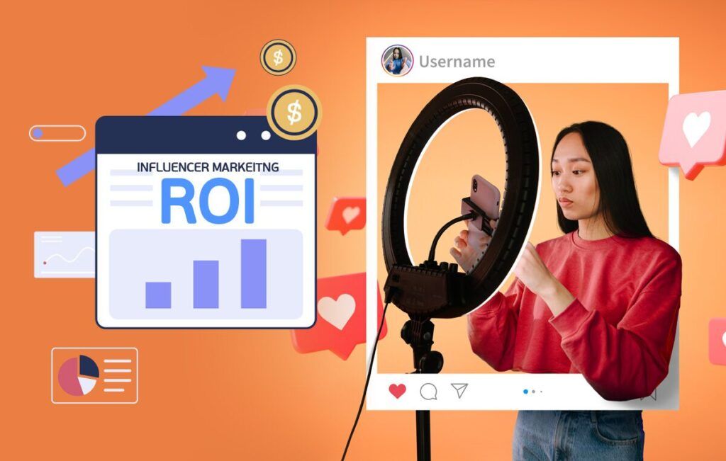 Iklan influencer marketing dengan grafik ROI dan orang yang sedang menyiapkan video.