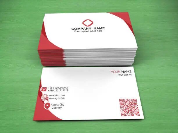 Kartu nama dengan logo, QR code, dan detail kontak di latar hijau.
