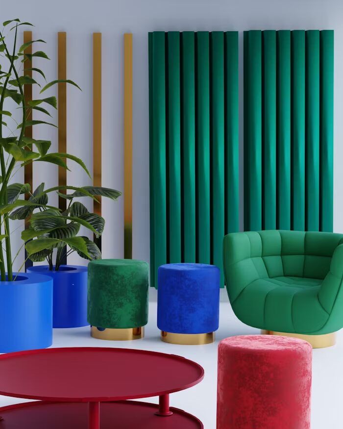 Interior modern dengan elemen warna cerah dan perabotan minimalis.