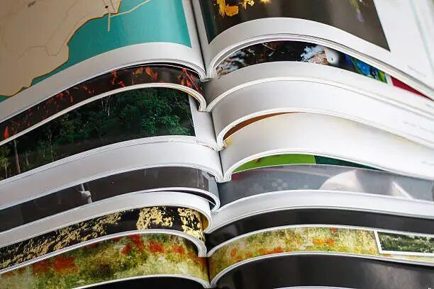 Gambar dekat buku terbuka menunjukkan halaman-halaman yang berisi foto alam.