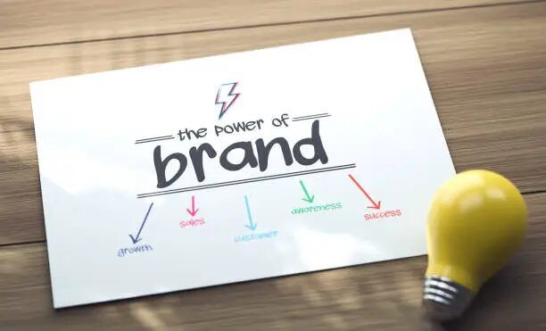 Gambar menunjukkan kata 'brand' dengan elemen grafis dan lampu, menggambarkan konsep kekuatan merek.