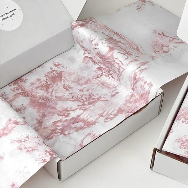 Kotak kemasan dengan cetak motif toile elegan, cocok untuk produk fashion atau dekorasi.