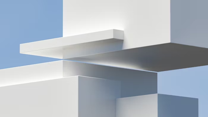 Ilustrasi 3D minimalis dengan elemen geometris putih dan biru.