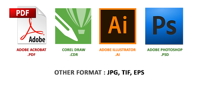 Logo format file percetakan seperti PDF, Illustrator, CorelDRAW, dan Photoshop yang umum dipakai saat menyiapkan file cetak.