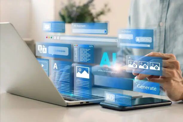 Tangan memegang smartphone dan laptop dengan efek hologram yang menampilkan layanan AI Assistant dan Generate.