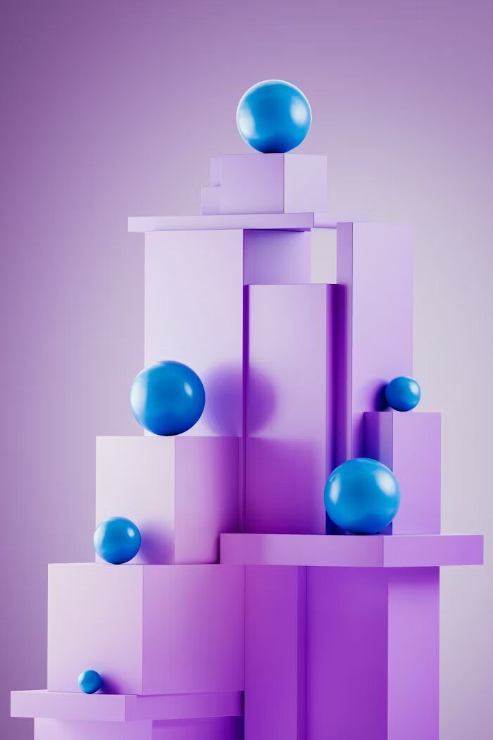 Struktur geometris dengan bola biru di atas permukaan ungu, ideal untuk desain grafis atau promosi percetakan.
