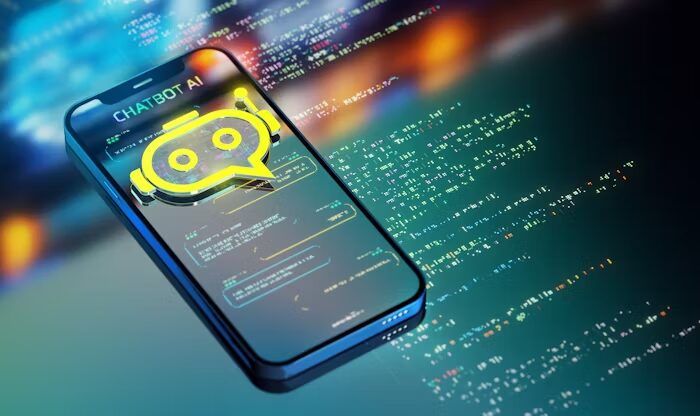Ilustrasi chatbot AI di layar smartphone dengan latar kode program