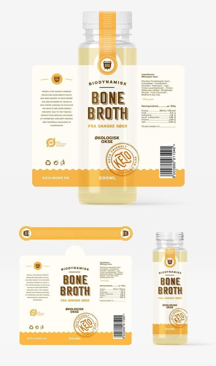 Gambar botol bone broth dengan label detail, cocok untuk contoh percetakan online.