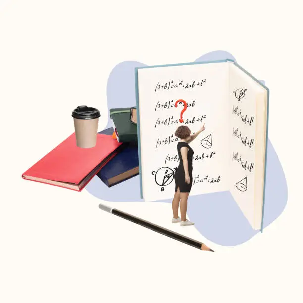 Ilustrasi percetakan online dengan buku dan kalkulator matematika.