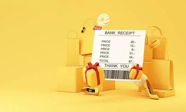 Bank receipt with shopping bags and gifts on a yellow background for Uprint.id promotion.