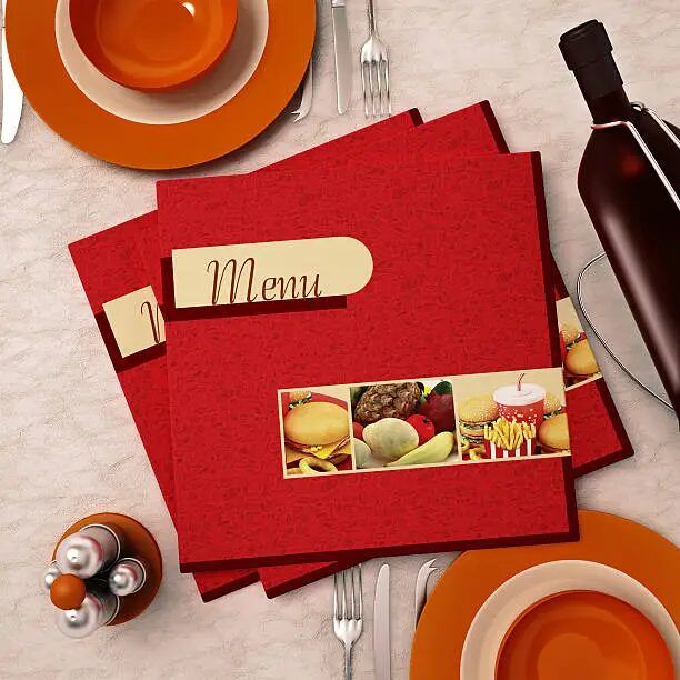 Desain buku menu merah dengan foto makanan