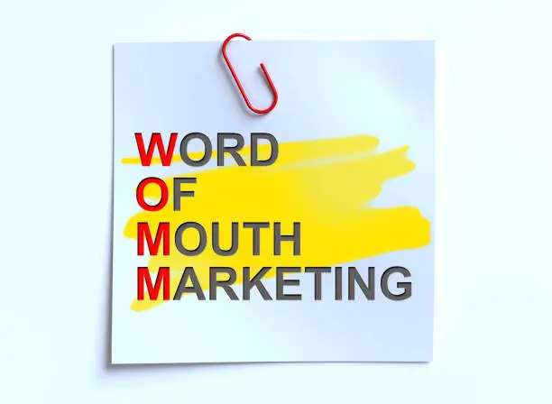 Gambar dengan teks WORD OF MOUTH MARKETING dan klem merah sebagai ilustrasi promosi cetak yang mendorong rekomendasi dari mulut ke mulut