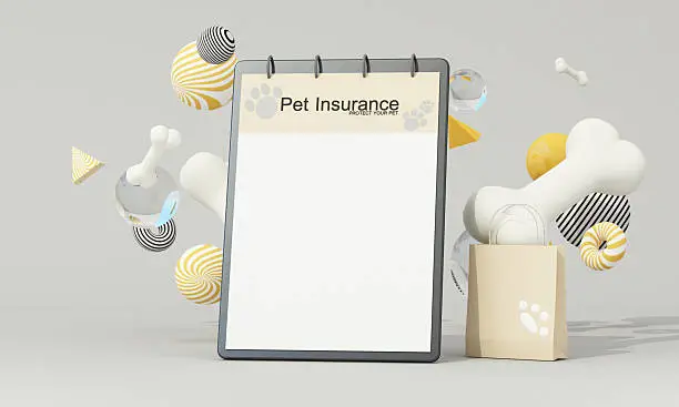Mockup pet insurance with playful elements and shopping bag.