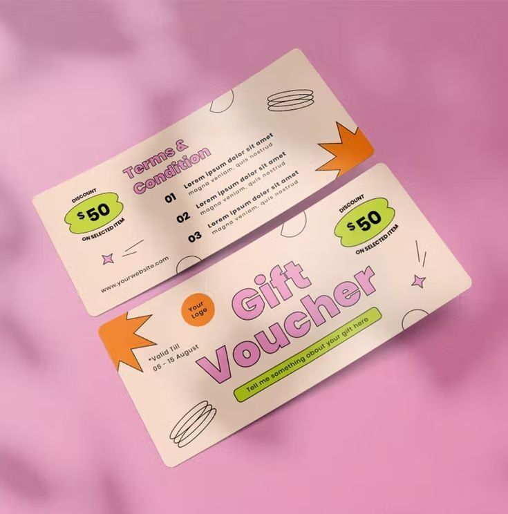 Desain voucher hadiah digital dengan warna cerah dan informasi kondisi penggunaan.