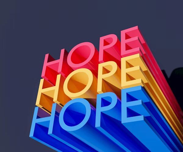 Desain grafis 3D 'HOPE' dengan warna cerah dan modern.
