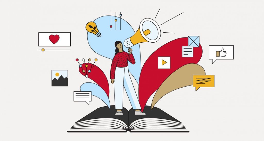 Ilustrasi percetakan online dengan buku, perangkat, dan ikon promosi.