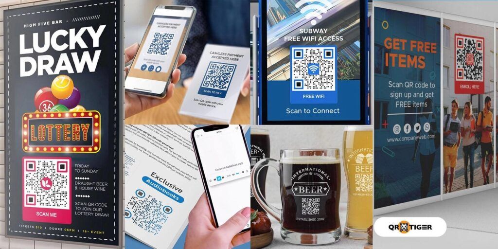 Beberapa contoh promosi QR Code untuk berbagai aplikasi dan layanan digital.