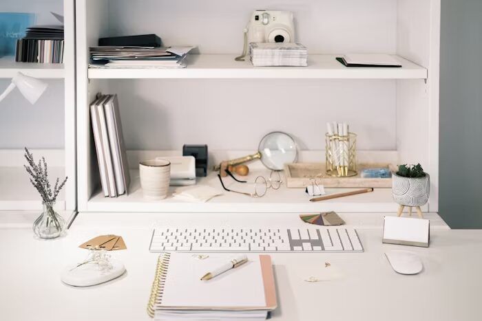 Meja kerja minimalis dengan keyboard, mouse, dan aksesori desain di ruang kerja modern.