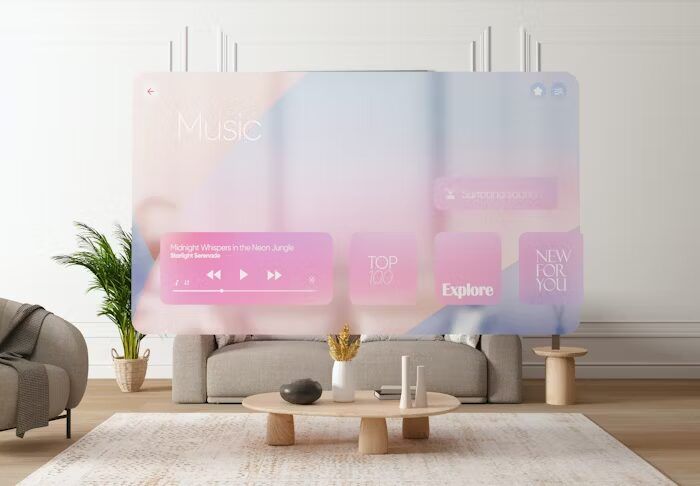 Interior ruang tamu dengan aplikasi musik modern di layar besar